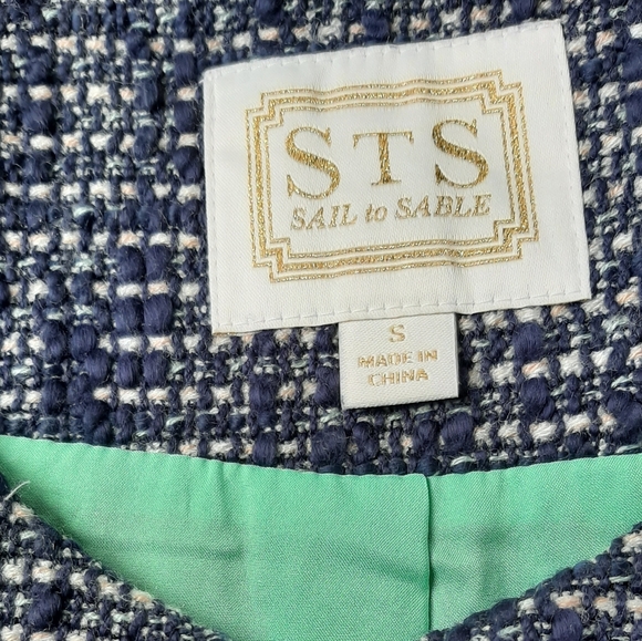 Sail to Sable STS Ruffle Sleeve Zip Up Navy Tweed Blazer Long Sleeve Blue Jacket - Picture 3 of 6